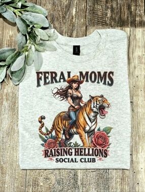 Feral Moms shirt Tiger Raising Hellions humor popular retro Cute
